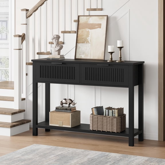 Kicctian Console Table Sofa Table with 2 Drawers & Open Storage Shelf, 43" Narrow Entryway Table for Living Room, Hallway, Bedroom, Black