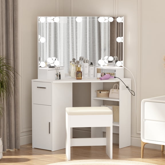 Kicctian Corner Vanity Desk with 3-Panel Lighted Mirror & Power Outlets - Small Makeup Table with 3-Color Modes, Cushioned Stool, White