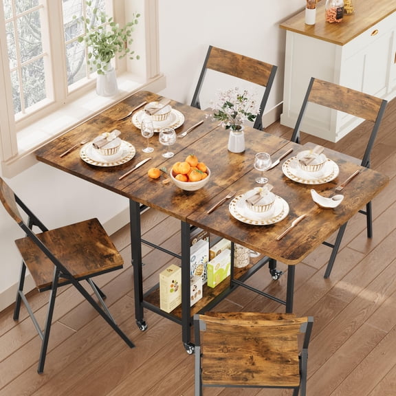 Kicctian Dining Table Set for 4 ,Folding Dining Table with 4 Foldable Chairs, Drop Leaf Table with Wheels, for Kitchen,Dining Room,Brown