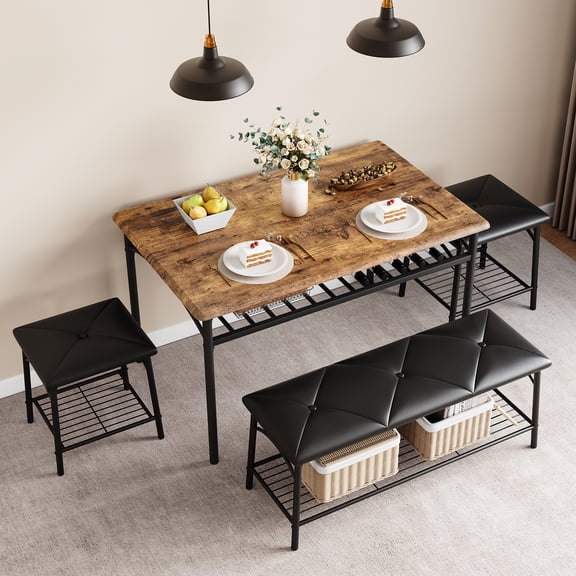 Kicctian Dining Table Set for 4, Rectangular Wood Top Table with 2 Cushioned Chairs and Bench, Heavy-Duty Metal Frame for Kitchen & Dining Room,Brown