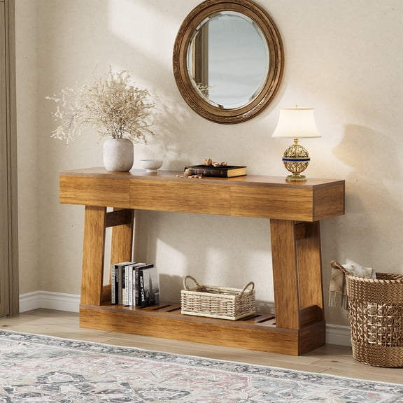 Kicctian Farmhouse Console Table with Drawer & Storage Shelf, 60" Wooden Sofa Side Table for Entryway, Living Room, Hallway, Brown