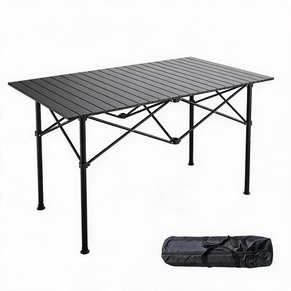 Kicctian Folding Camping Table, 47" Portable Aluminum Roll-Up Table with Adjustable Height, Heat Resistant & Carry Bag, Black