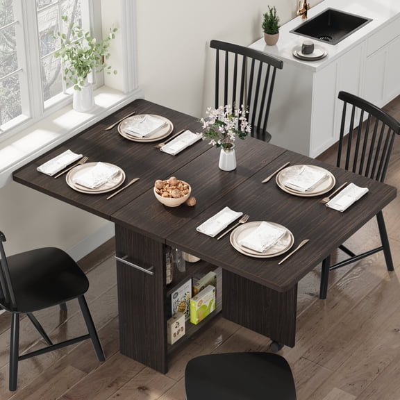 Kicctian Folding Drop Leaf Table on Wheels with 2-Tier Storage Shelf, 6 Casters Rolling Kitchen Table, Space-Saving Extendable Dining Table for Small Spaces, Walnut Color