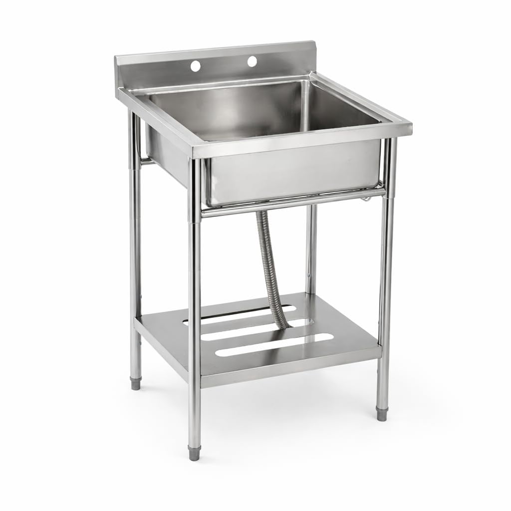 Kicctian Freestanding Stainless Steel Utility Sink,Adjustable Legs, Storage Shelf, Hooks and Backsplash, for Kitchen Garage Farm