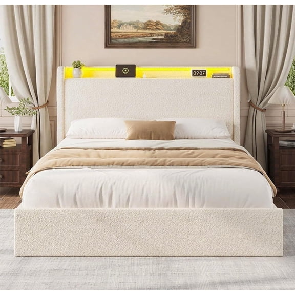 Kicctian Full Size Boucle Bed Frame with Storage Headboard, Charging Station, LED Lights, Upholstered Platform Bed with 4 Storage Drawers,Beige