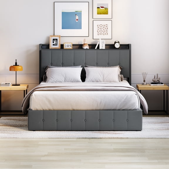Kicctian Full Size Lift-Up Storage Bed Frame, Upholstered Headboard with Hydraulic Support, Heavy-Duty Wood Slat Support, No Box Spring Required, Noise-Free, Easy Assembly, Gray