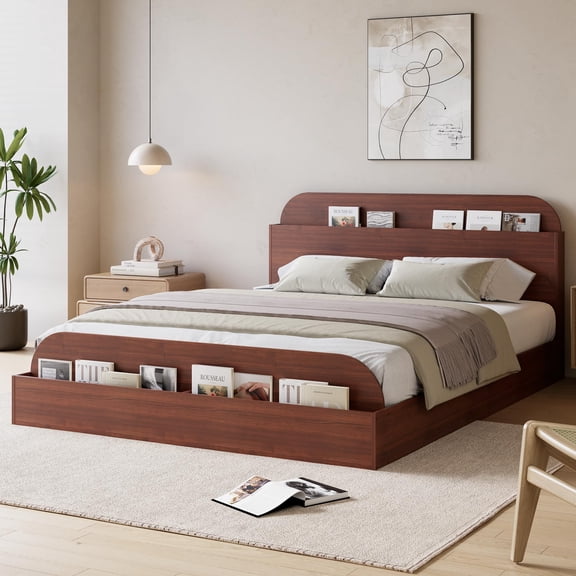 Kicctian Full Size Wooden Platform Bed Frame with Storage Headboard & Footboard – Sturdy Slats, No Box Spring Needed , Red