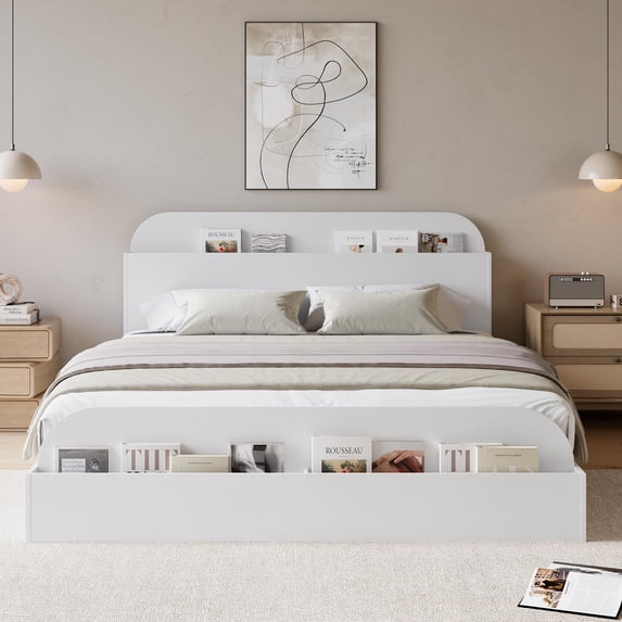 Kicctian Full Size Wooden Platform Bed Frame with Storage Headboard & Footboard – Sturdy Slats, No Box Spring Needed , White