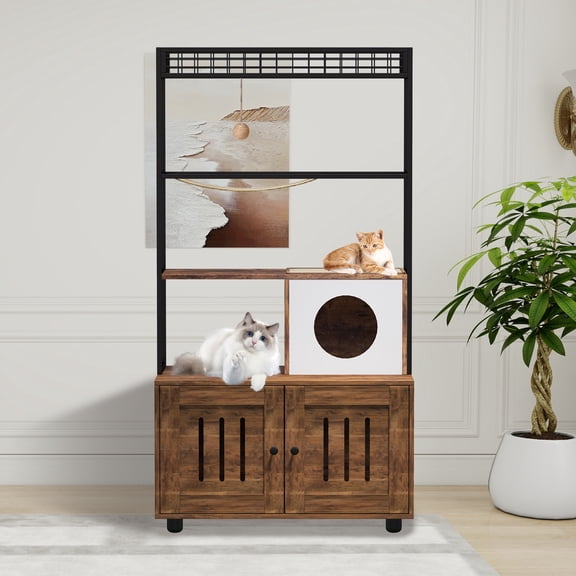 Kicctian Hidden Cat Litter Box Cabinet Large Wooden Enclosure with Storage Shelves, Metal Frame, Sisal Hammock & Play Game, Indoor Cat House Furniture for Living Room & Entryway