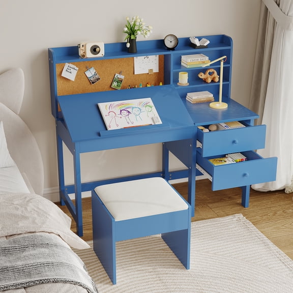Kicctian Kids Desk and Chair Set – Adjustable Desktop, Hutch, Cork Board, Storage Drawer, Padded Stool,Blue