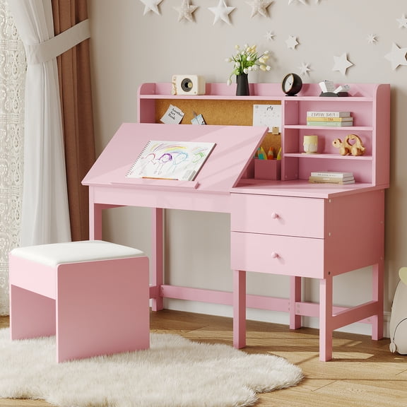 Kicctian Kids Desk and Chair Set – Adjustable Desktop, Hutch, Cork Board, Storage Drawer, Padded Stool,Pink