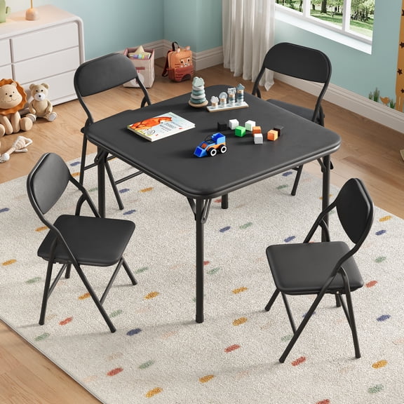 Kicctian Kids Folding Table and 4 Chairs Set, Portable & Collapsible with Sturdy Metal Frame and Soft Cushions, Perfect for Dining, Crafts, Learning, Home, Daycare or Study Area,Black