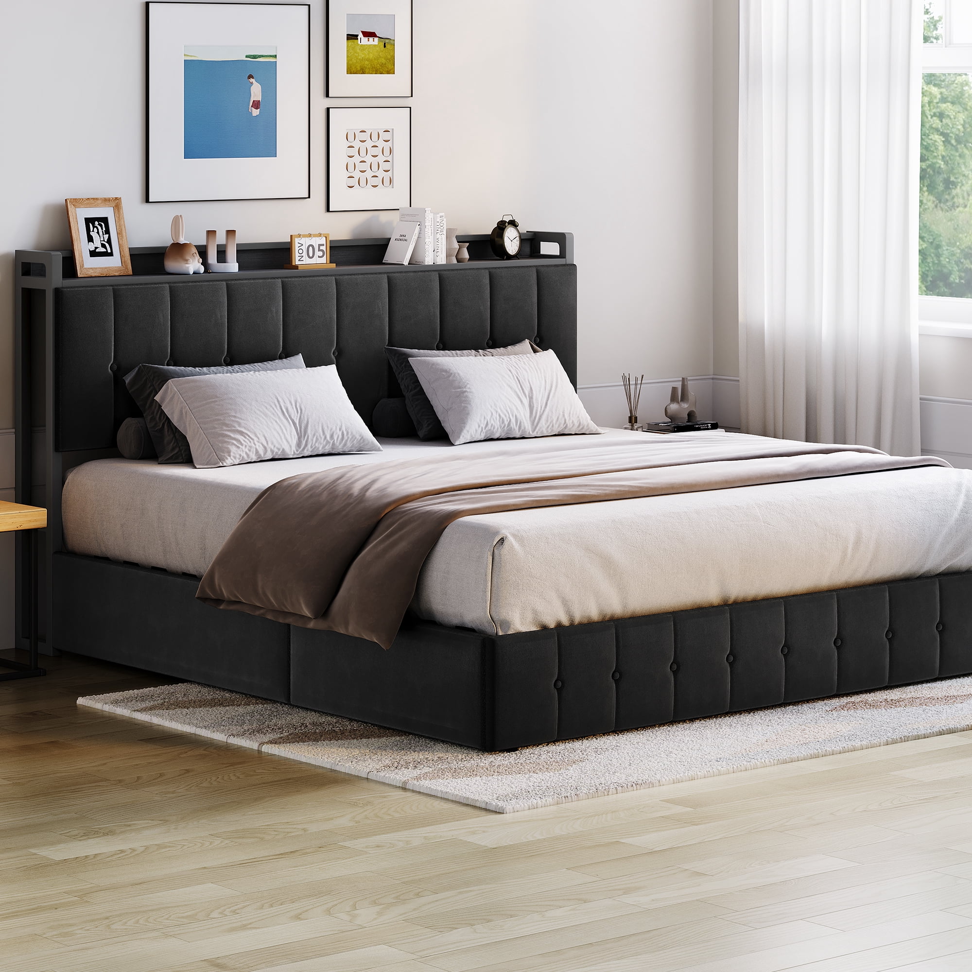 Kicctian King Size Lift-Up Storage Bed Frame, Upholstered Headboard with Hydraulic Support, Heavy-Duty Wood Slat Support, No Box Spring Required, Noise-Free, Easy Assembly, Black