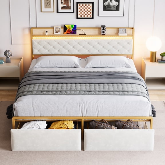 Kicctian King Size Upholstered Platform Bed Frame with LED Headboard, 2 Storage Drawers, USB Charging Ports, Sturdy Metal Design, Easy Assembly,White