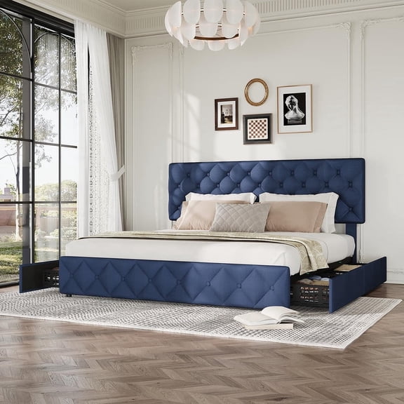 Kicctian King Upholstered Platform Bed Frame with Adjustable Headboard & 4 Storage Drawers Bedroom Furniture,Blue