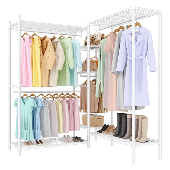 Kicctian L-Shaped Clothes Rack – 7 Shelves & 4 Hanging Rods – Adjustable Portable Closet Organizer – Large Storage System for Bedroom or Cloakroom – White