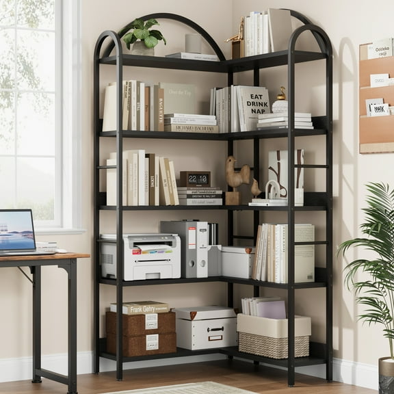 Kicctian L-Shaped Corner Bookshelf with Arched Metal Frame, 5-Tier Modern Industrial Bookcase, Open Wood and Metal Storage Shelves, Space-Saving Display Rack for Living Room or Bedroom, Black
