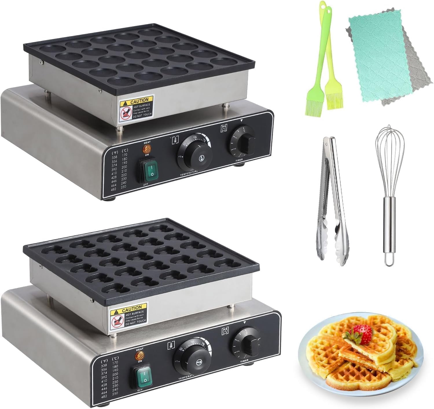 Kicctian Mini Pancake Maker, 25-Hole 1.8" Round & 1.6" Heart Nonstick Waffle Maker, Adjustable Temperature, 850W