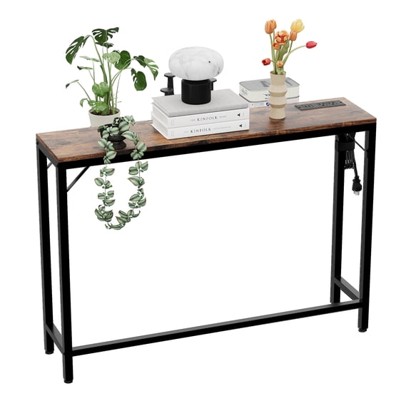 Kicctian Modern Console Table with Charging Station, 39.4" Narrow Sofa Side Table for Entryway, Living Room, Hallway, Retro Color