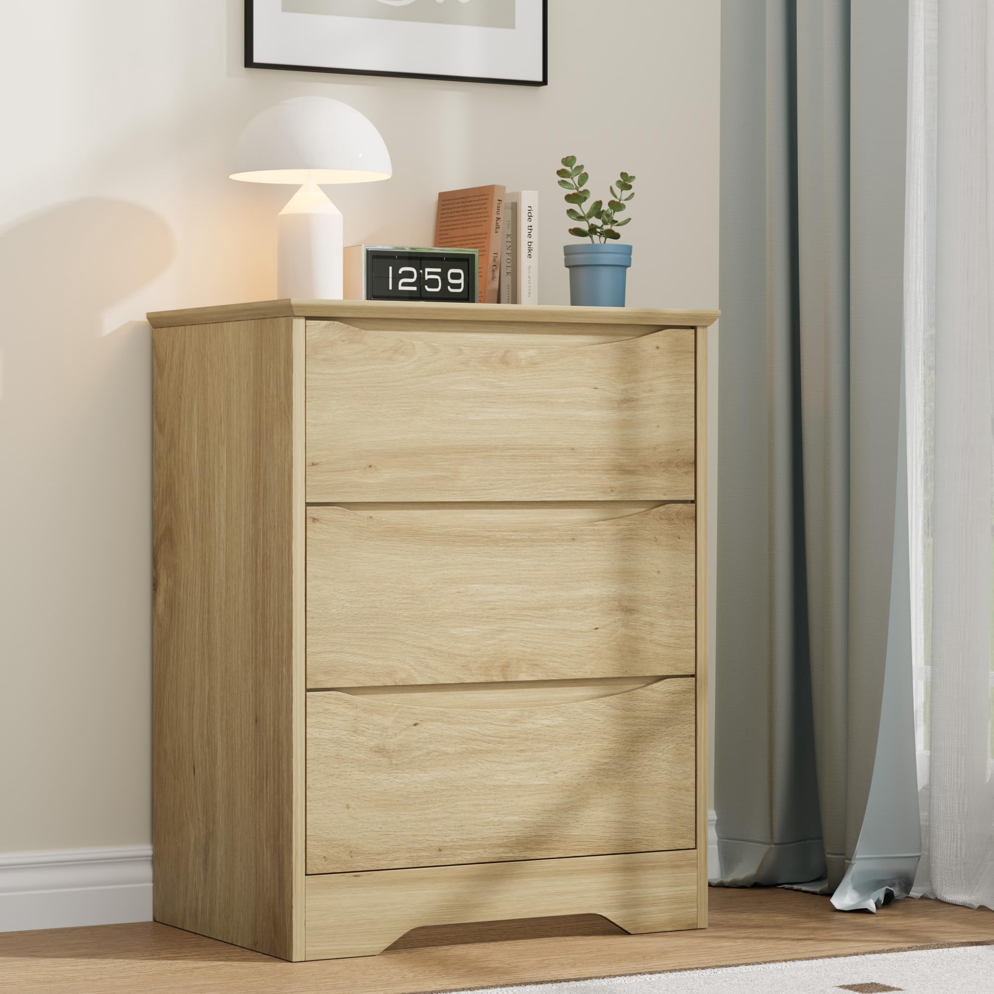 Kicctian Modern Dresser with 3 Deep Drawers, 30" Tall Wooden Storage Cabinet for Bedroom, Living Room, Entryway, Natural Wood Color