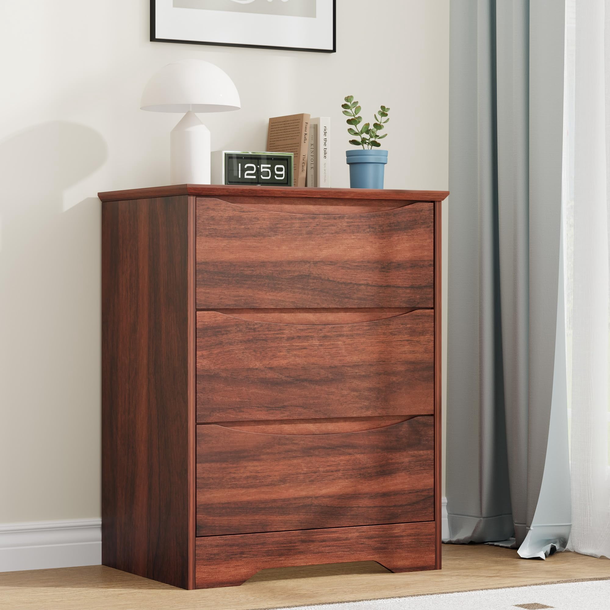 Kicctian Modern Dresser with 3 Deep Drawers, 30" Tall Wooden Storage Cabinet for Bedroom, Living Room, Entryway, Red Walnut