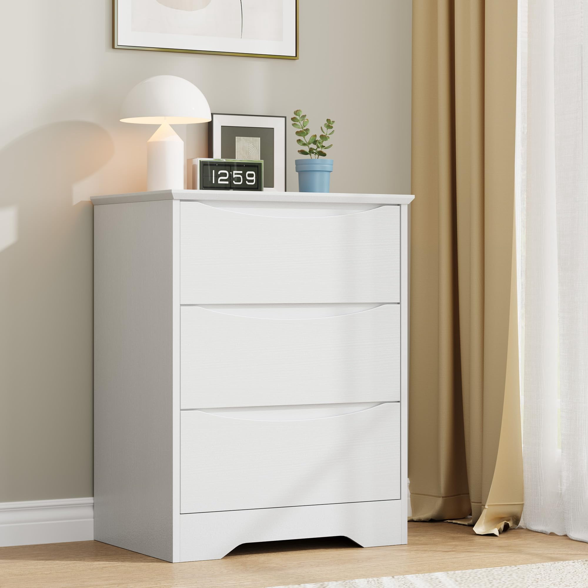 Kicctian Modern Dresser with 3 Deep Drawers, 30" Tall Wooden Storage Cabinet for Bedroom, Living Room, Entryway, White Wood Grain Finish