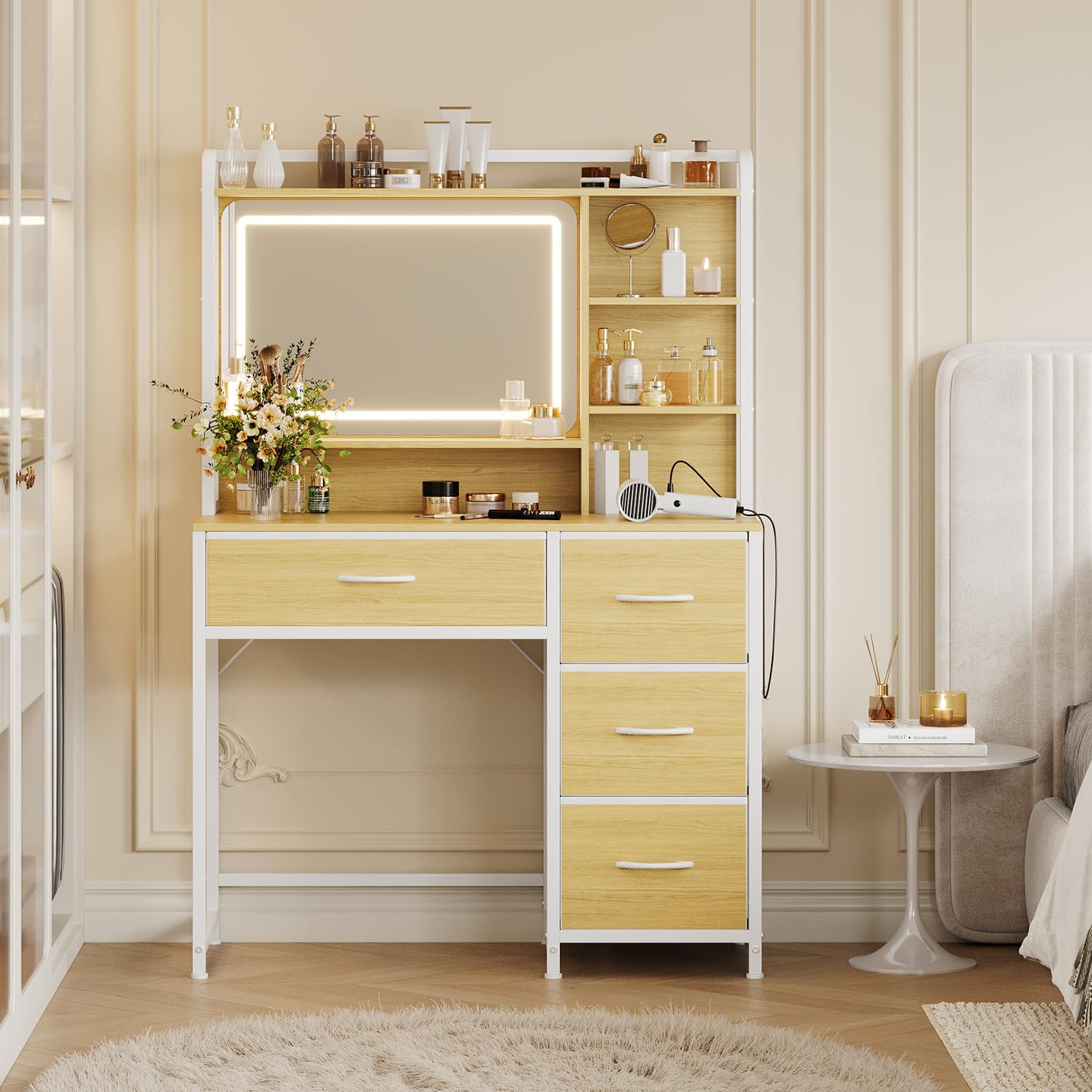 Kicctian Modern Makeup Vanity Set with Mirror - Dressing Table Featuring 4 Fabric Drawers & Shelves, Bedroom Furniture Gift for Women,Wood Color