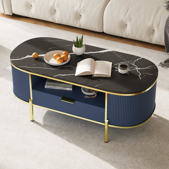 Kicctian Modern Oval Fluted Coffee Table with Storage, Faux Marble Top, Fluted Wood Design, Gold Metal Legs, Sleek Center Table for Living Room or Office
