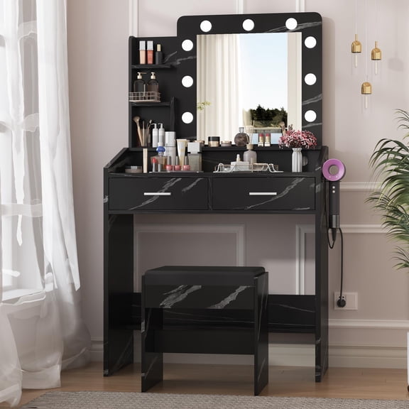 Kicctian Modern Vanity Desk with LED Mirror, Power Outlet & USB Ports - 3-Color Lighting Makeup Table with 2 Drawers, Stool & Hairdryer Holder for Bedroom,Black