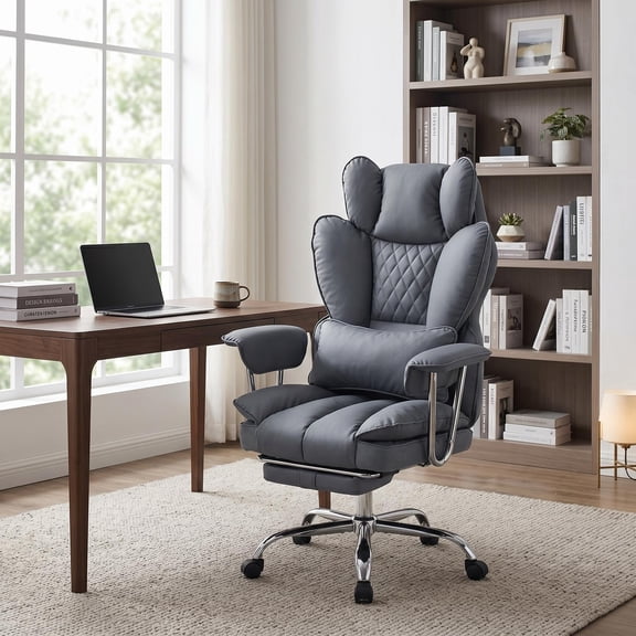 Kicctian Office Chair with Pocket Spring Cushion, High Back Desk Chair for Home Office, Thick Padded Seat, Adjustable Armrests & Lumbar Support, Footrest, PU Leather,Gray