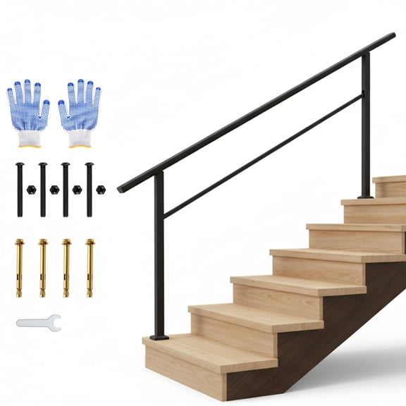 Kicctian Outdoor Handrail, 6 Steps Adjustable Metal Railing, Non-Slip, Easy DIY Installl for Porch, Deck, or Indoor Stairs, Matte Black