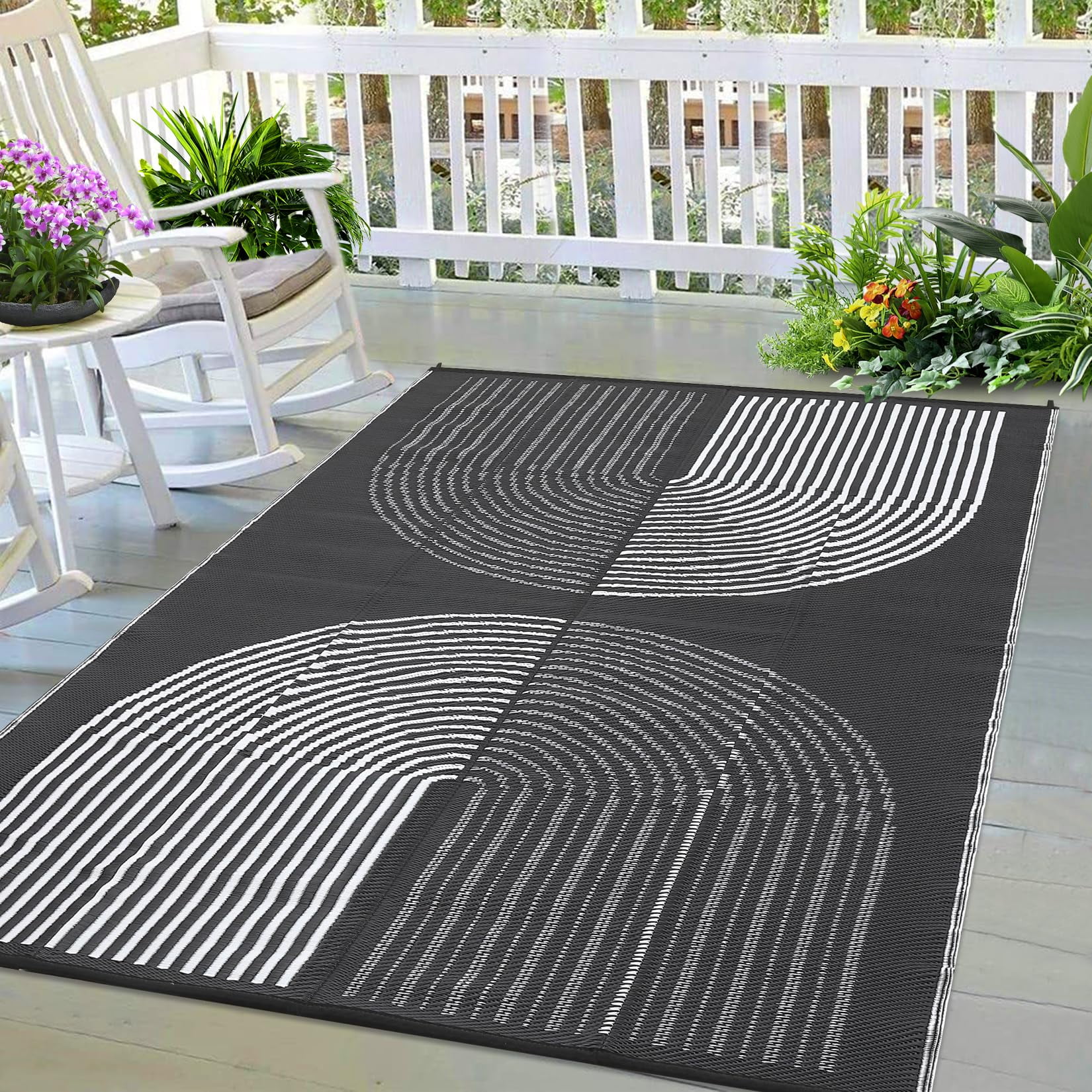 Kicctian Outdoor Rug 8x10FT Patio Waterproof, Outdoor Patio Rug Plastic Straw Outdoor Carpet, Large Modern Area Rug Carpet for Camping Poolside RV, Easy to Clean, Black & White