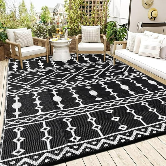 Kicctian Outdoor Rug Waterproof 8x10ft, Large Reversible Plastic Straw Rug, 2-Sided Floor Mat for Camping, RV, Patio, Backyard, Deck or Picnic, Black & White
