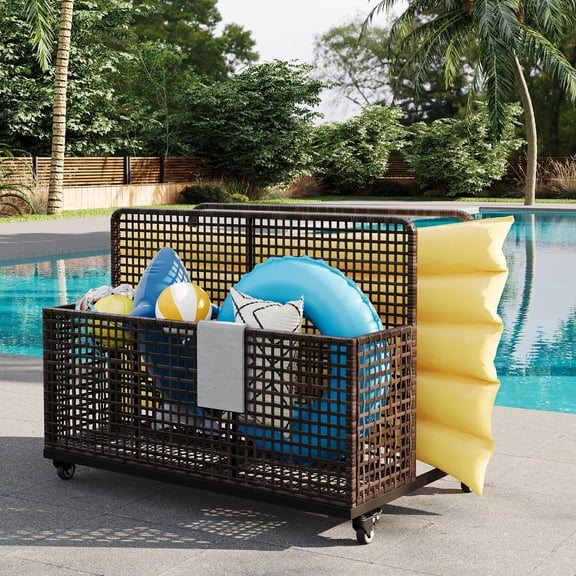 Kicctian Pool Float Storage Organizer with Rolling Wheels, Outdoor Wicker Rattan Pool Caddy & Toy Storage Basket for Poolside, Patio & Deck, PE Rattan Pool Caddy, Brown