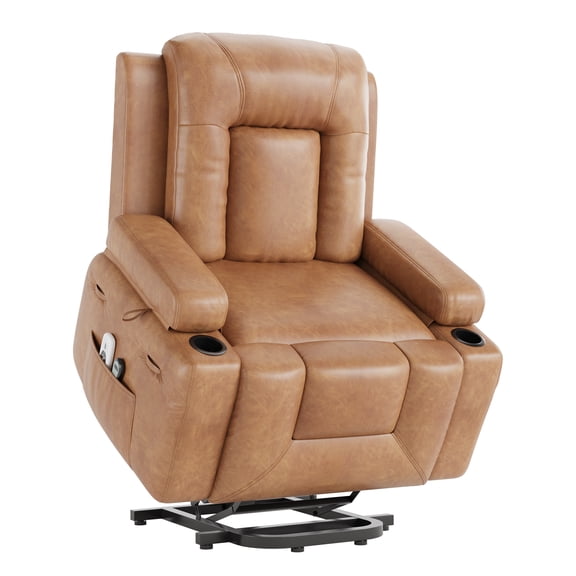 Kicctian Power Lift Recliner Chair with Heat and Massage, PU Leather Electric Lift Sofa Recliner with Side Pocket, Cup Holders & Soft Pillow,Brown