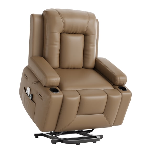 Kicctian Power Lift Recliner, Heat & Massage PU Leather Chair with Side Pocket & Cup Holders for Living Room,Tan