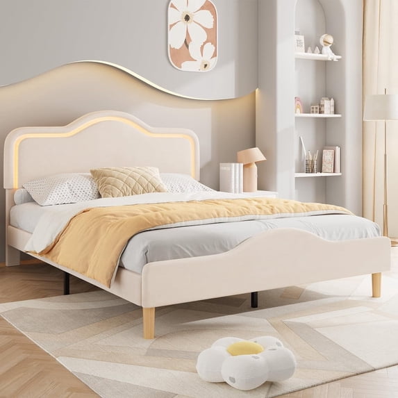 Kicctian Queen Size Bed with Adjustable LED Headboard & Velvet Princess Platform,Wood Slats Support, No Box Spring Needed, White
