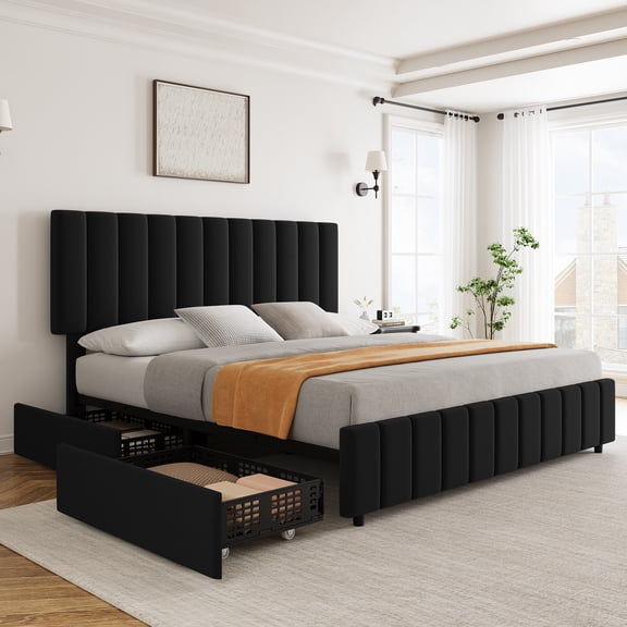 Kicctian Queen Upholstered Platform Bed Frame with 4 Storage Drawers, Adjustable Headboard, Wood Slats, No Box Spring Needed, Easy Assembly,Black
