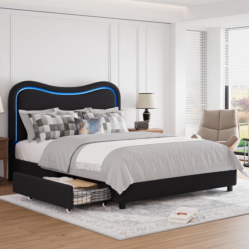 Kicctian Queen size Boucle Bed Frame with LED Headboard & 2 Storage Drawers - Upholstered Platform, Solid Wood Slats,Black