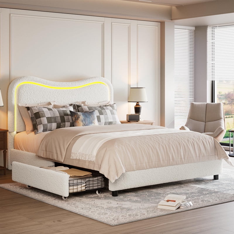 Kicctian Queen size Boucle Bed Frame with LED Headboard & 2 Storage Drawers - Upholstered Platform, Solid Wood Slats,White