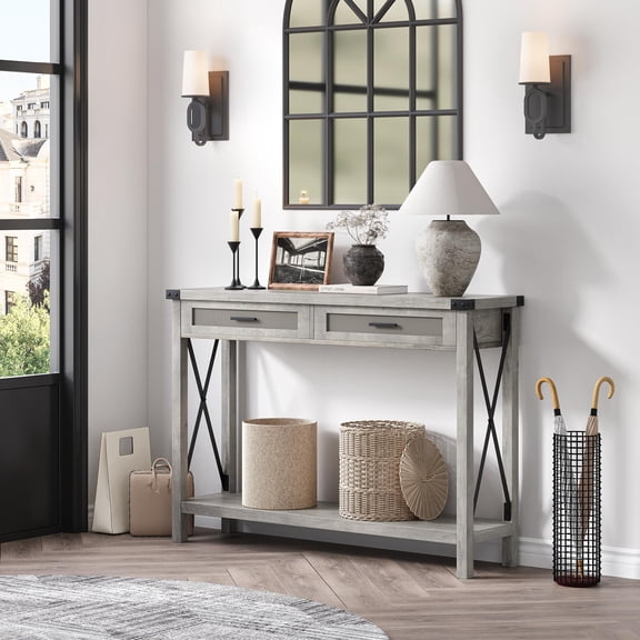 Kicctian Rattan Console Table with 2 Drawers, 43" Narrow Sofa Side Table with Storage Shelf, Farmhouse Entryway Table for Hallway, Living Room, Grey