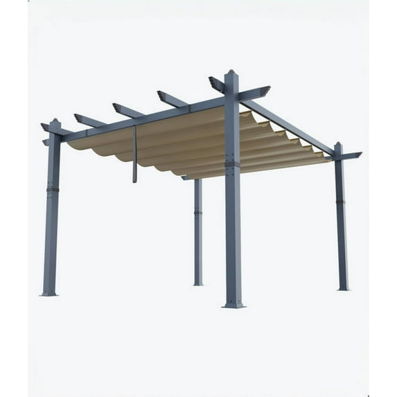 Kicctian Retractable Waterproof Canopy Aluminum Pergola – Wood Grain Metal Frame, UV Protection Patio Gazebo for Garden, Deck, Backyard – 10x13FT, Gray Column Khaki Curtain