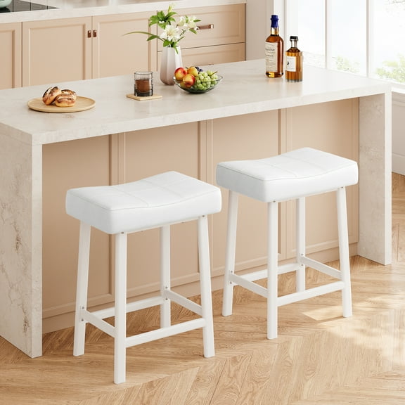 Kicctian Saddle Bar Stools Set of 2 – 24" Counter Height Backless Stools with Upholstered Padded Seat, Curved Cushion, Metal Footrest for Kitchen Island, Home Bar,White