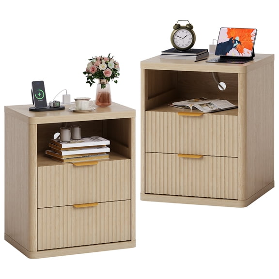 Kicctian Set of 2 Fluted Bedside Tables with Charging Station – Modern Bedside Tables, 2 Drawers, Open Storage, Metal Handles, Rounded Corners – Bedroom or Living Room – Wood Color