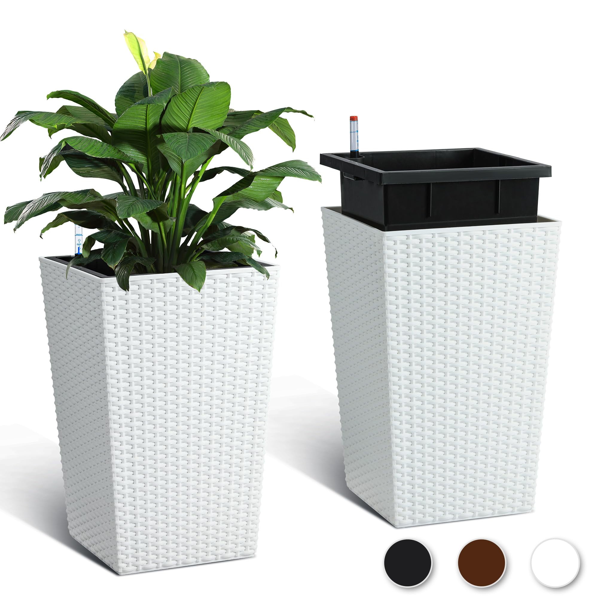 Kicctian Set of 2 Tall Rattan Planters  16" Modern Plant Pots with  Built-in Drainage & Removable Liners  Ideal for Indoor Outdoor Patio,  Porch, Garden Decor, White - Walmart.com