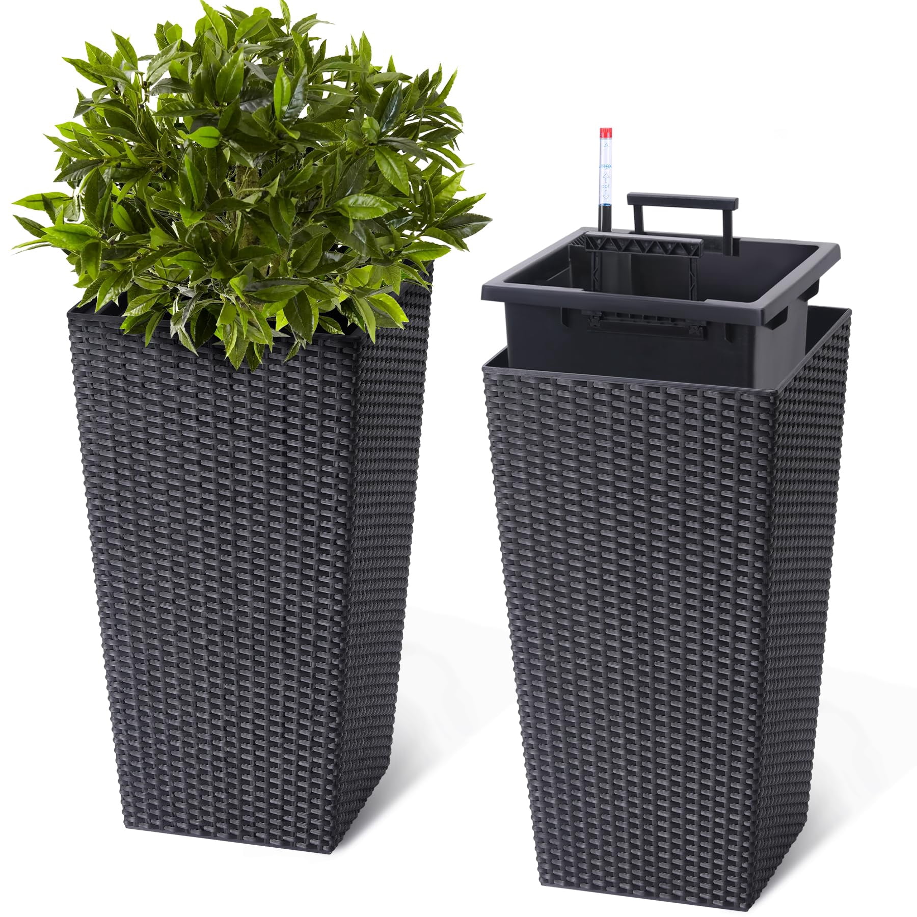 Kicctian Set of 2 Tall Rattan Planters – 22.5" Modern Plant Pots with Built-in Drainage & Removable Liners – Ideal for Indoor Outdoor Patio, Porch, Garden Decor, Black