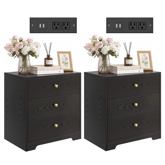 Kicctian Set of 2 Modern Nightstands with USB Charging Station & 3 Drawers, Black Bedside Tables for Bedroom