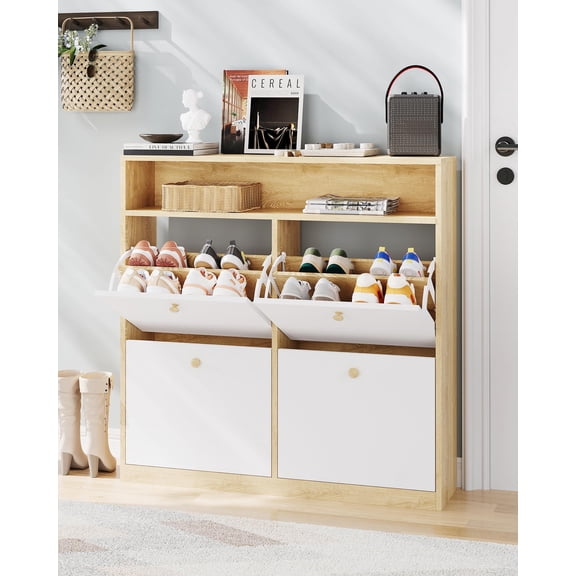 Kicctian Shoe Cabinet Organizer with 4 Reverse Drawers – Adjustable Dividers for Sneakers, Slippers, Heels, Open Shelf Freestanding Storage for Entryway, Hallway, Bedroom, White