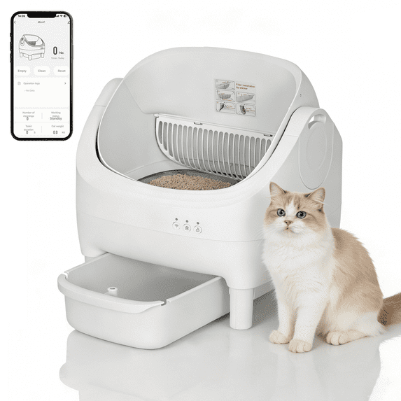 Kicctian Smart Self-Cleaning Cat Litter Box with APP WiFi Control, Open-Top Automatic Litter Box with 7-Layer Safety Sensors, Ultra-Quiet Odor Control & 10.5L Sealed Bin for Cats,White