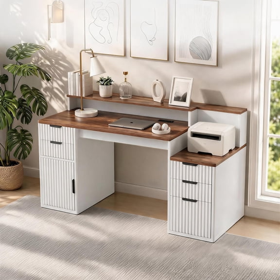 Kicctian Space-Saving Computer Desk – Fluted Ripple Door, Multi-Drawer Storage, Printer Stand, Sturdy Board for Study, Bedroom, Workstation,Brown and White